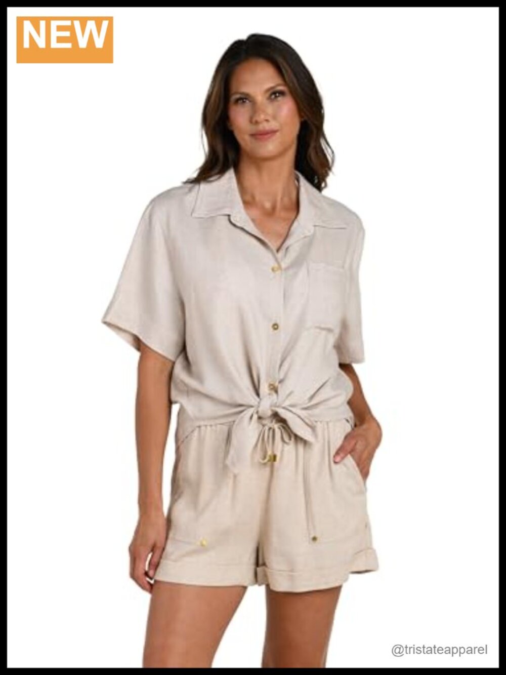 Rayon Linen Short Sleeve Button Up Shirt with Tie & Pocket